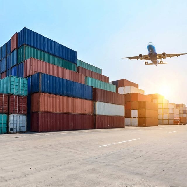 Stacks of shipping containers at a port with a cargo plane overhead