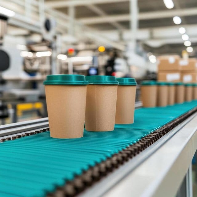 Paper cups moving along a factory conveyor line