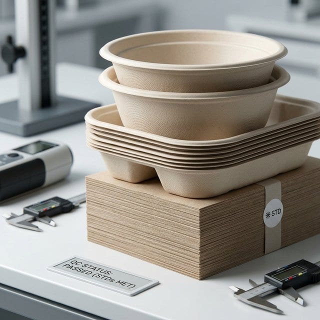 Stacked bagasse bowls and trays being quality-checked on a scale