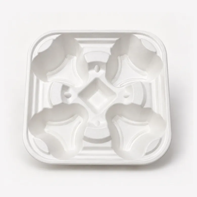White bagasse 4-cup holder tray made from sugarcane fibre