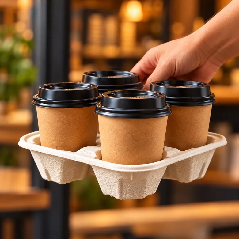 Molded 4-cup holder carrying four kraft takeaway cups with black lids in a café