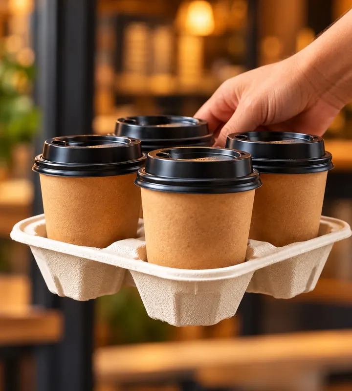 Hand lifting a molded 4-cup holder with four kraft takeaway cups in a café
