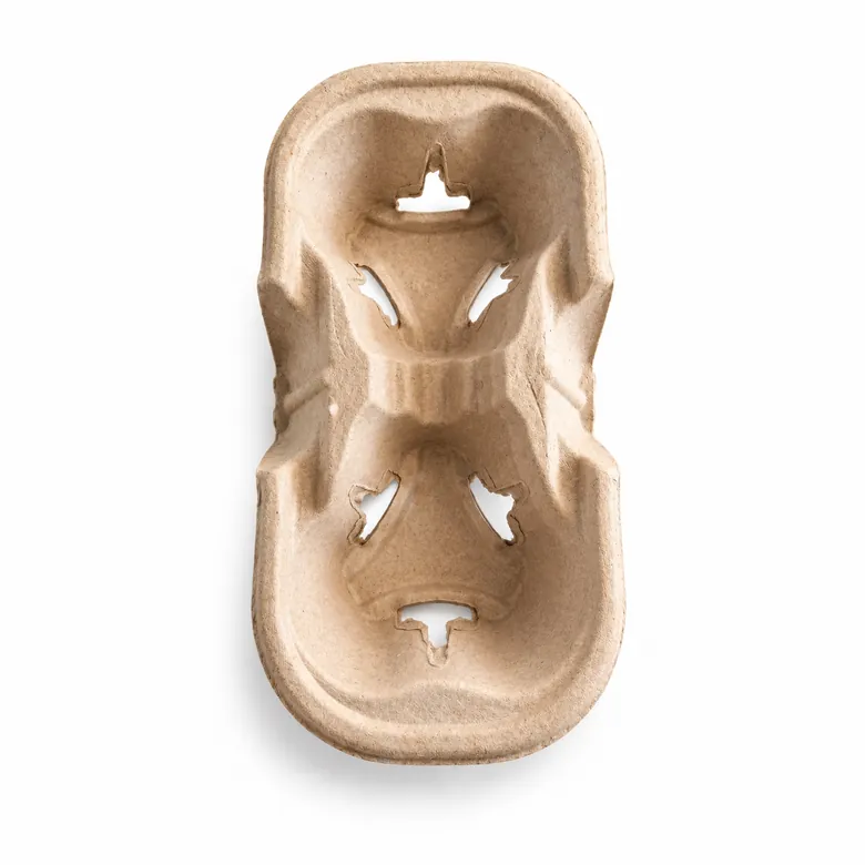 2-cup molded pulp cup carrier tray in recycled kraft pulp, top view