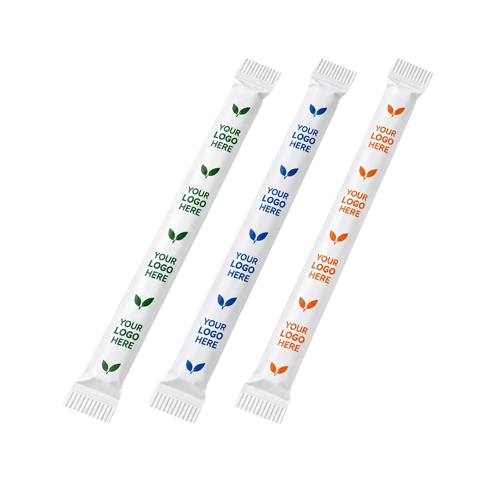 Individually wrapped paper straws with custom-printed logo wrappers in green, blue and orange