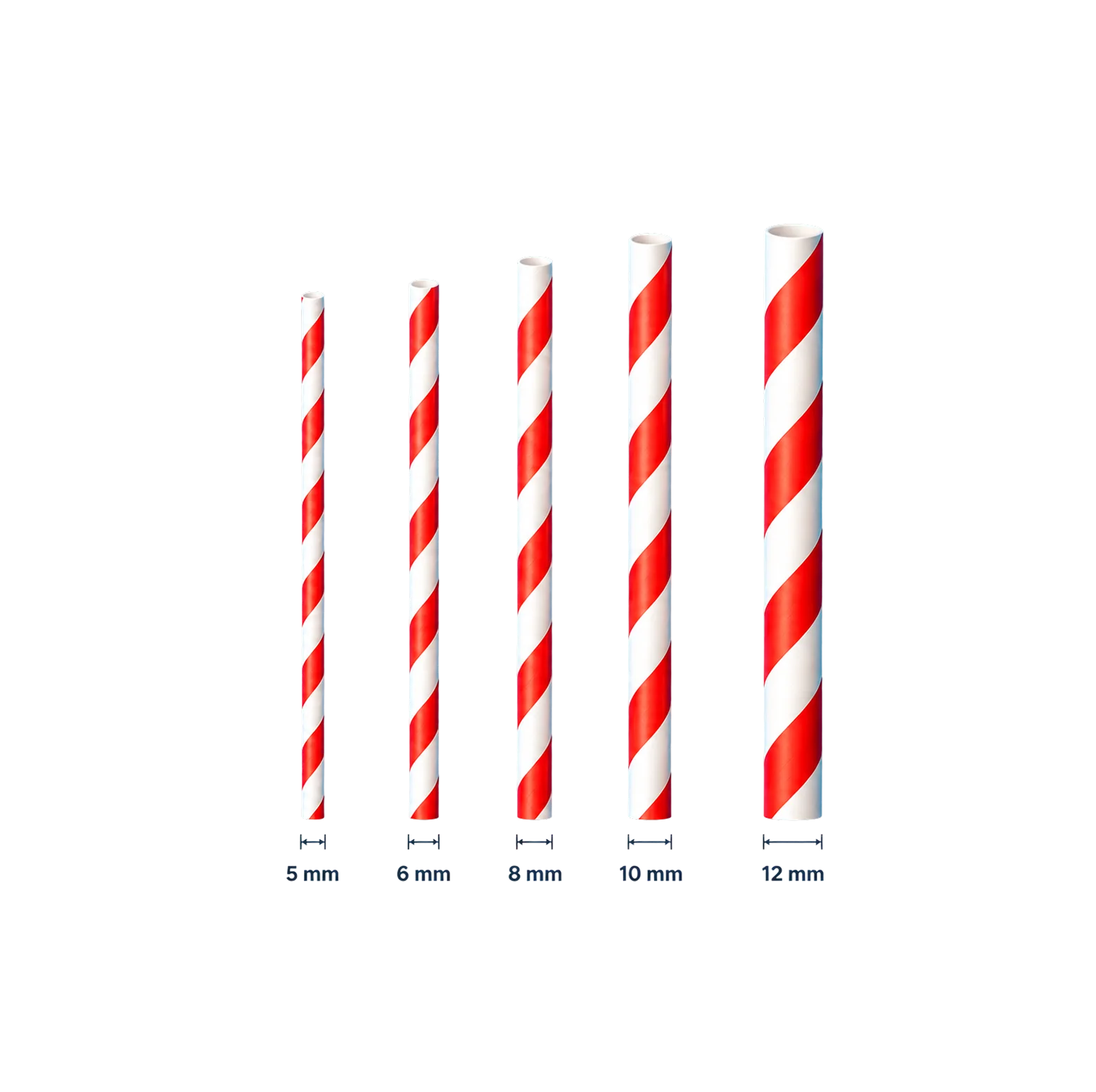 Paper straws size guide - red and white striped straws in 5, 6, 8, 10 and 12 mm diameters