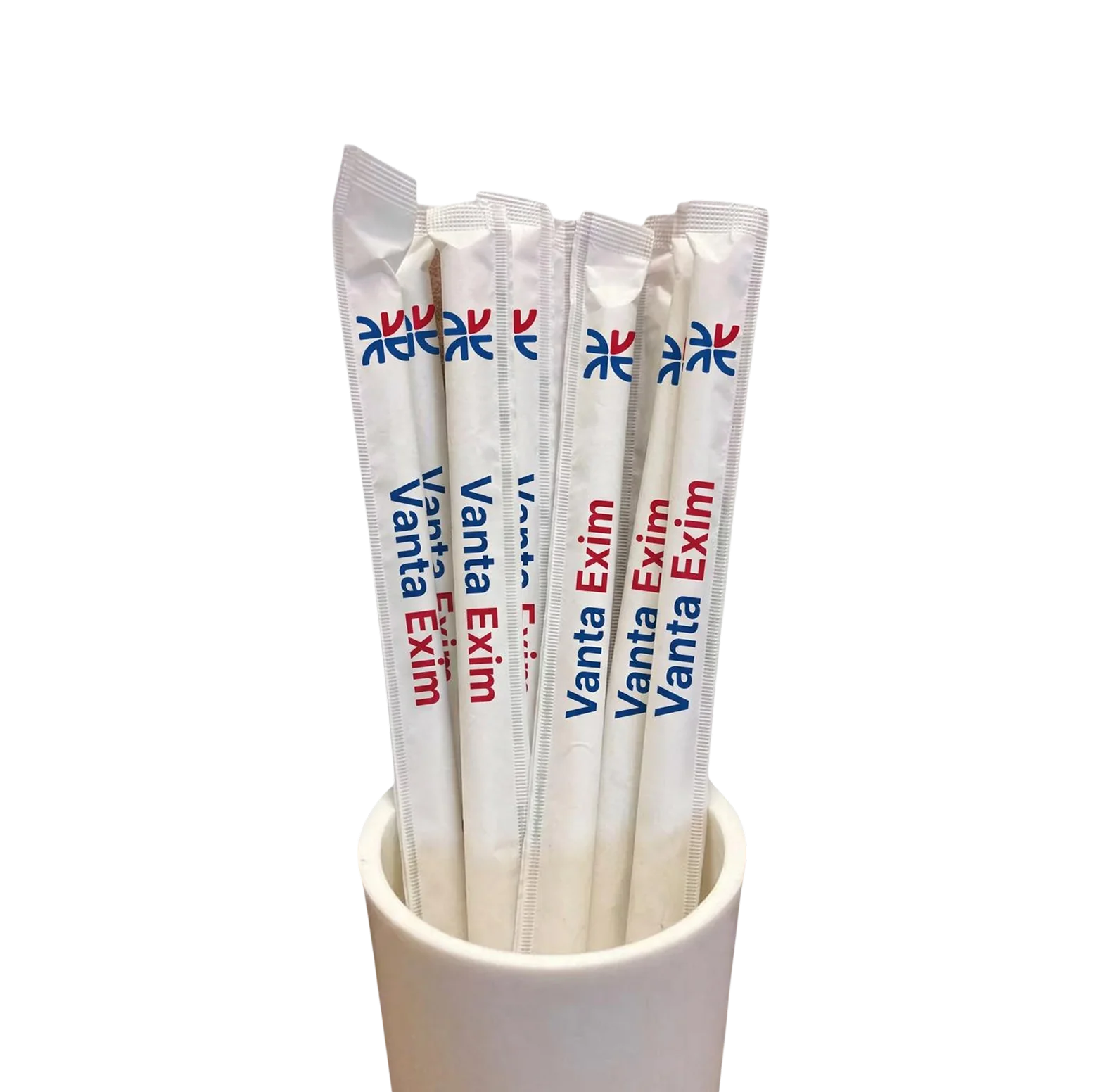 Paper straws in Vanta Exim branded paper wrappers standing in a white cup