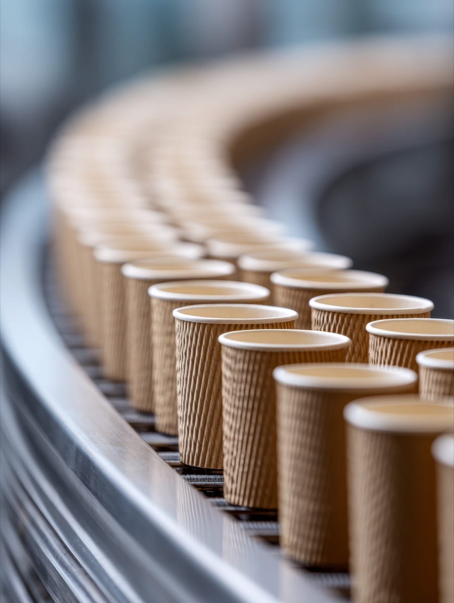 Rows of kraft paper cups on a production line